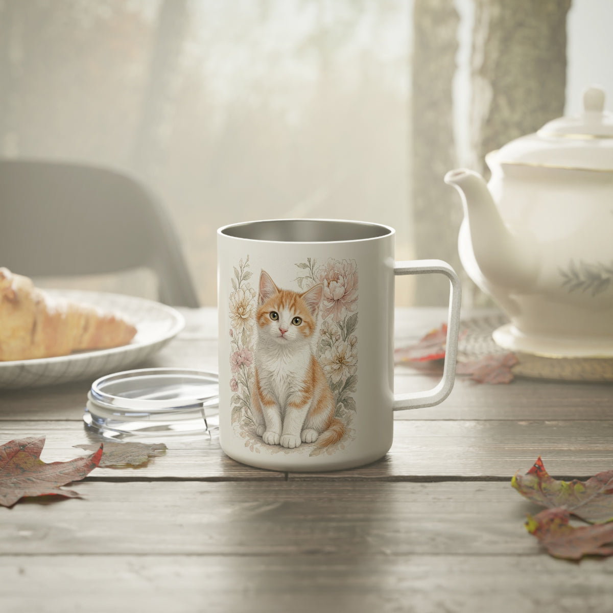 Watercolor Cute Orange Kitty with Vintage Flowers insulated mug | 10oz- Vienna Bestie Best Collection