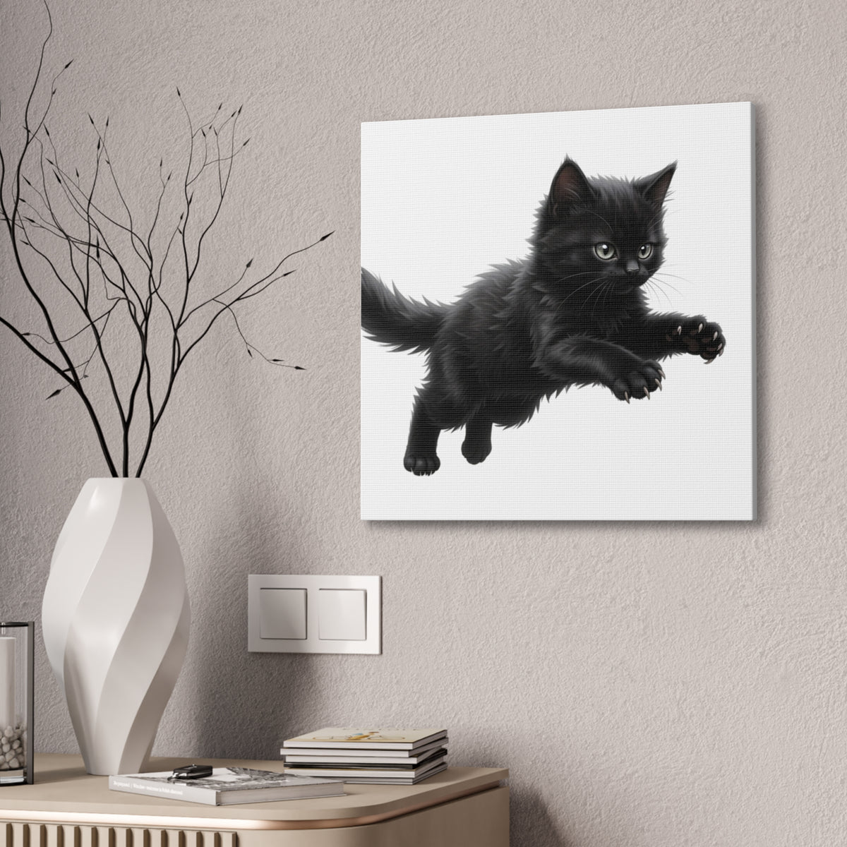 Leaping Fluffy Black Kitten Canvas- Twixie Collection- Bestie Best Decor Collection