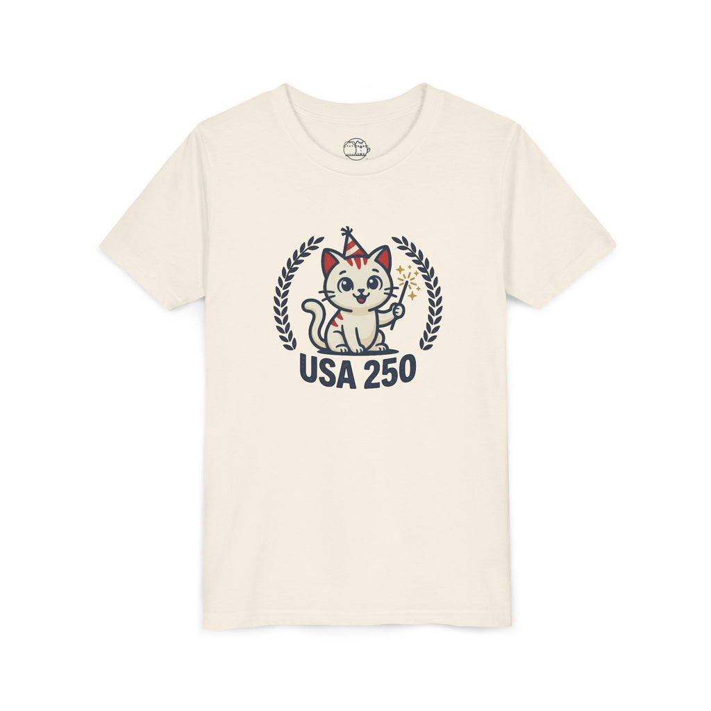 USA 250 Lucky Cat Youth Tee | Patriotic Kitten Illustration