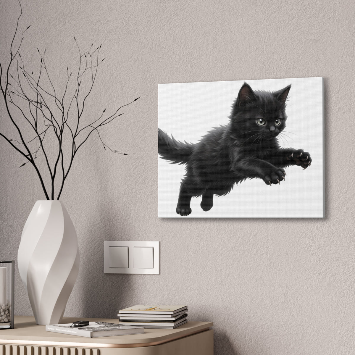 Leaping Fluffy Black Kitten Canvas- Twixie Collection- Bestie Best Decor Collection