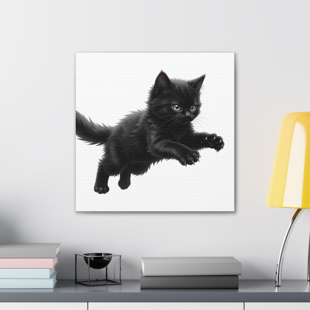 Leaping Fluffy Black Kitten Canvas- Twixie Collection- Bestie Best Decor Collection