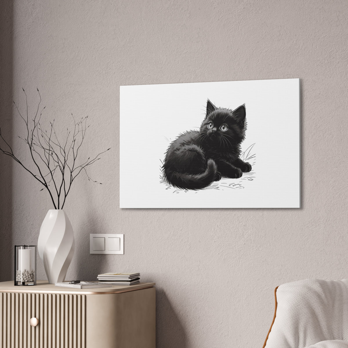 Black Kitten Illustration Canvas Stretched | Cute Cat Wall Art- Nursery & Kids room Decor, Twixie Collection- Bestie Best