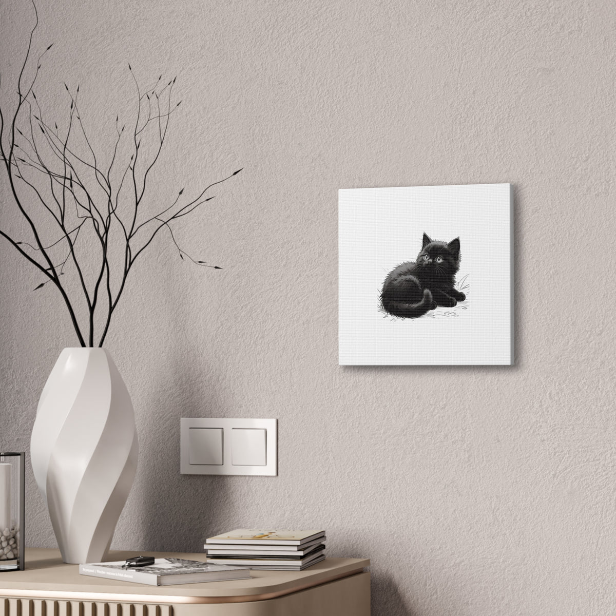 Black Kitten Illustration Canvas Stretched | Cute Cat Wall Art- Nursery & Kids room Decor, Twixie Collection- Bestie Best