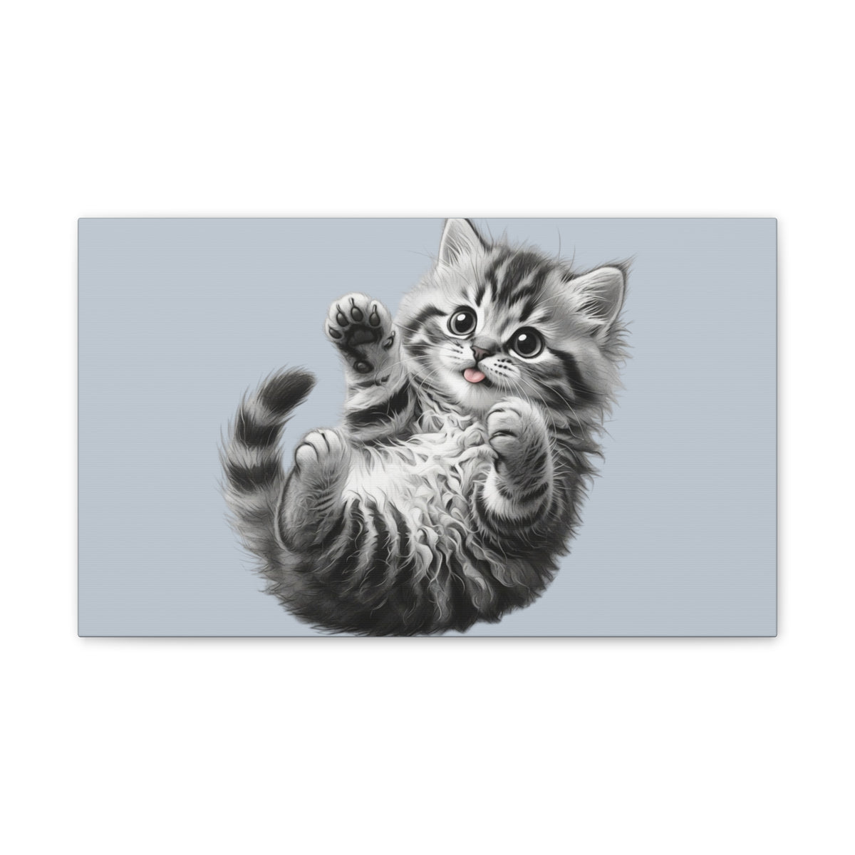 Playful Tabby Grey Fluffy Kitten Illustration Canvas Stretched | Cute Cat Wall Art- Sage Collection- Bestie Best Collection