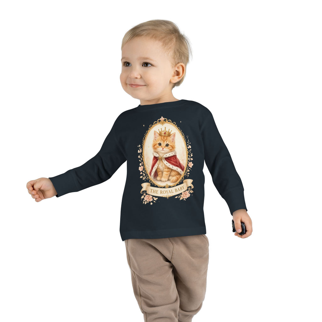 Royal Kitten Portrait Toddler Long Sleeve Tee | Crowned Cat Illustration- Orange Sherbet Collection- Bestie Best Luxury