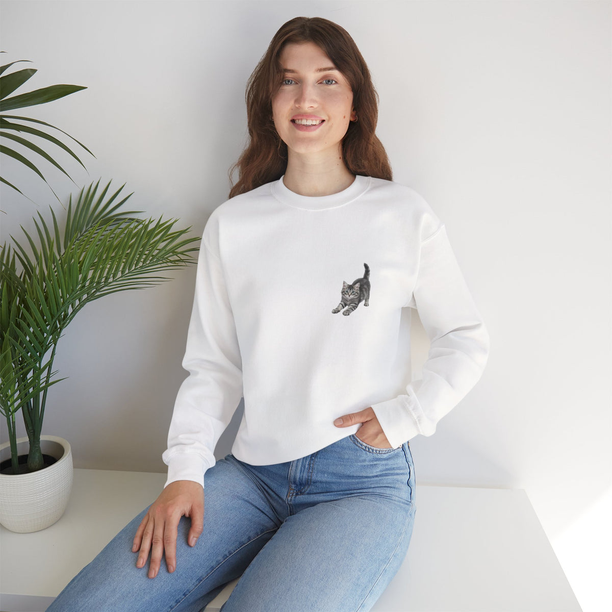 Playful Kitten Illustration Sweatshirt | Small Chest Cat Artwork