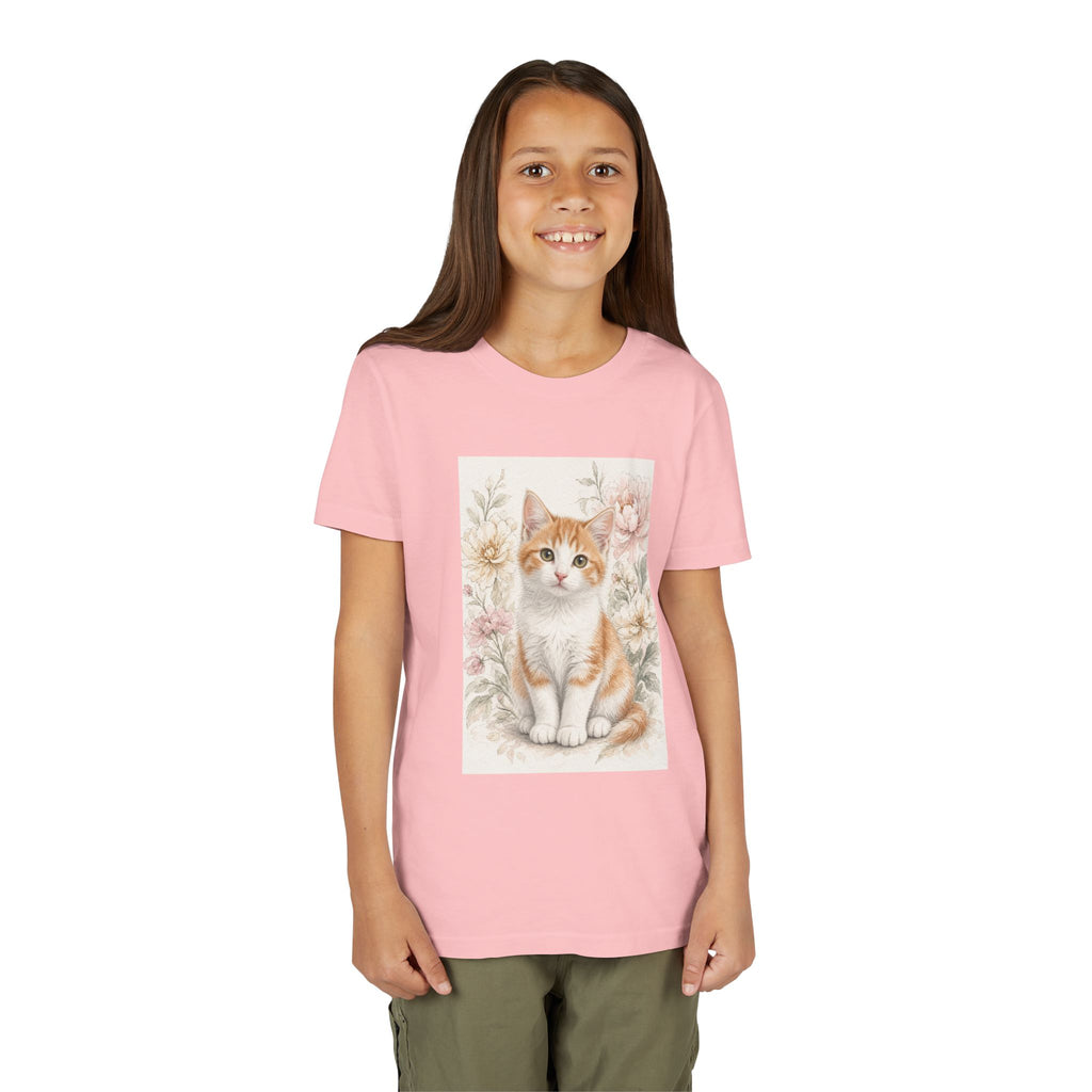 Adorable Orange Tabby Kitten Floral Illustration Youth Tee | Cute Cat Shirt- Vienna Collection