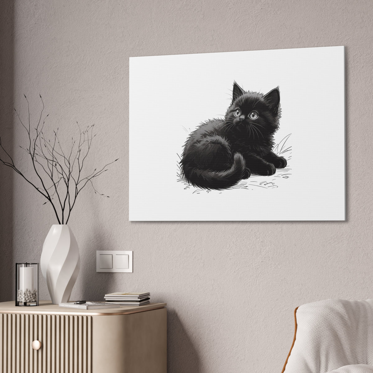 Black Kitten Illustration Canvas Stretched | Cute Cat Wall Art- Nursery & Kids room Decor, Twixie Collection- Bestie Best
