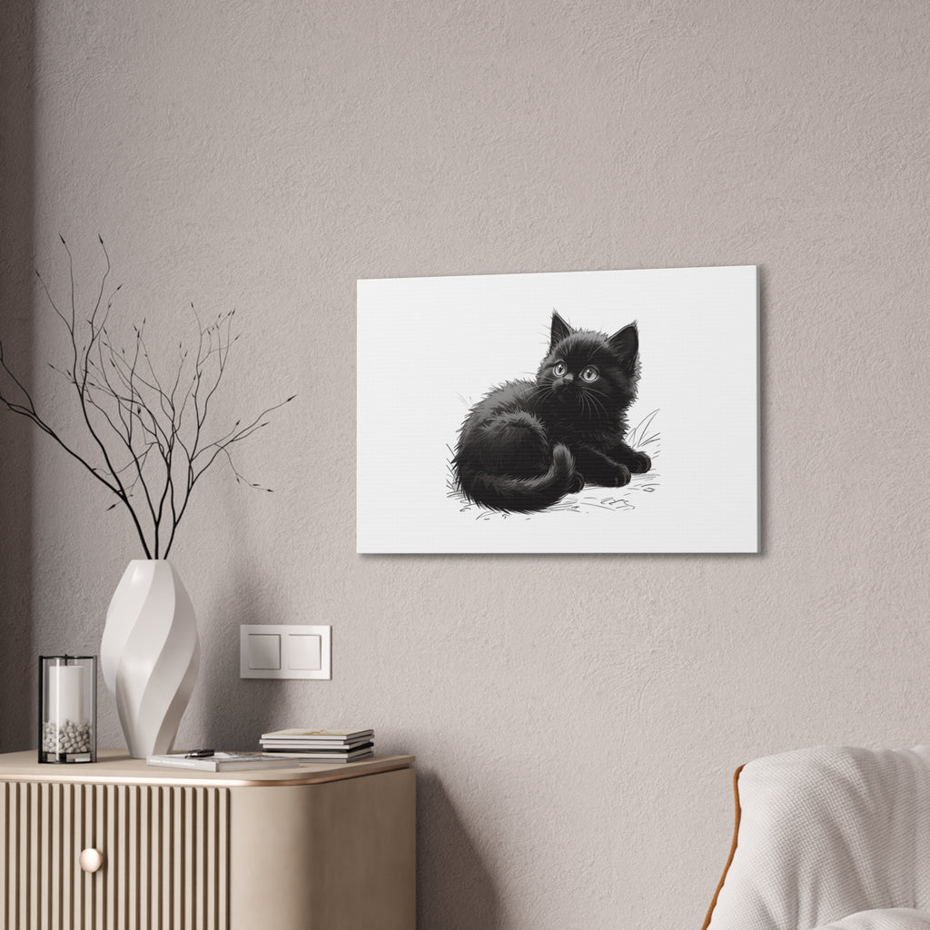 Black Kitten Illustration Canvas Stretched | Cute Cat Wall Art- Nursery & Kids room Decor, Twixie Collection- Bestie Best
