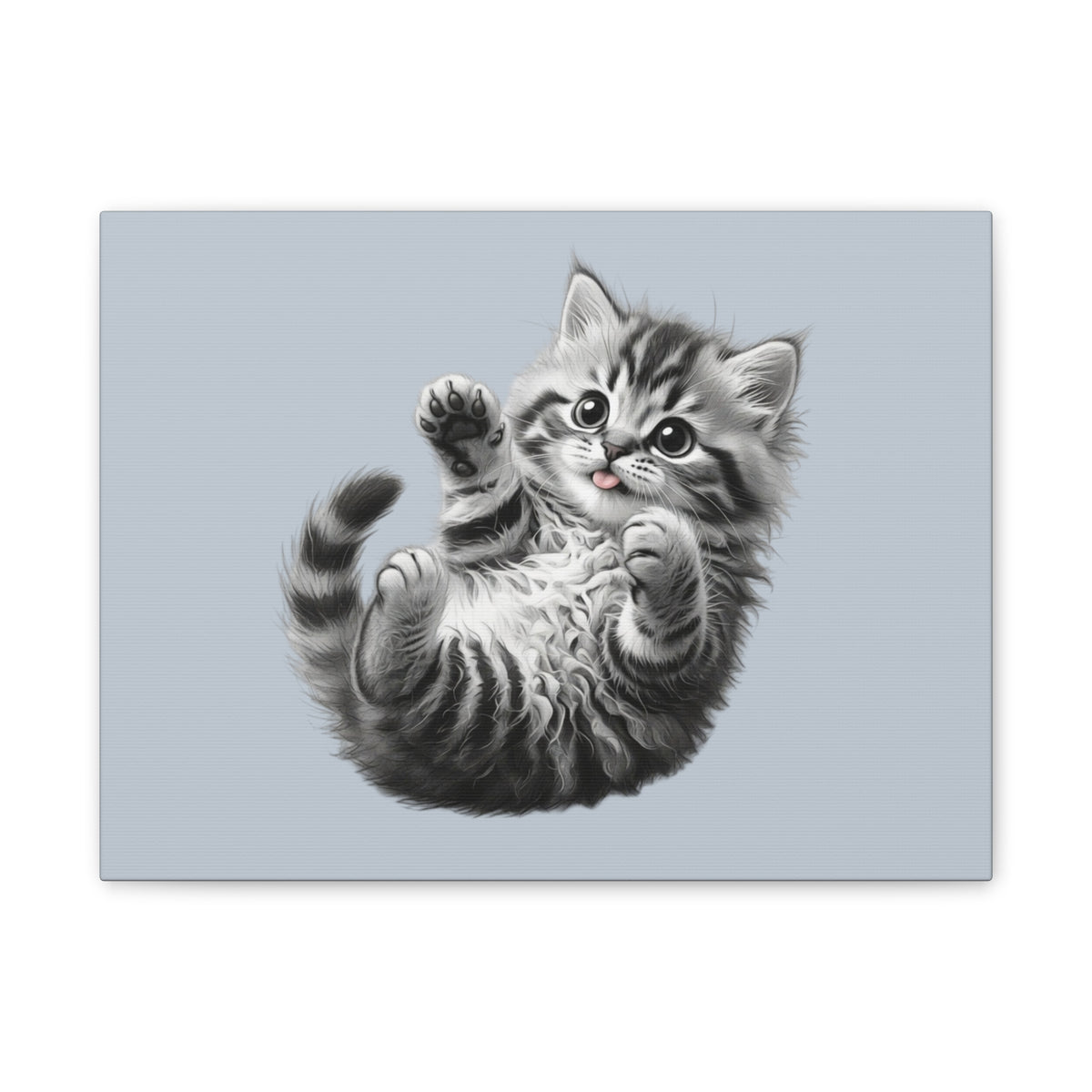 Playful Tabby Grey Fluffy Kitten Illustration Canvas Stretched | Cute Cat Wall Art- Sage Collection- Bestie Best Collection