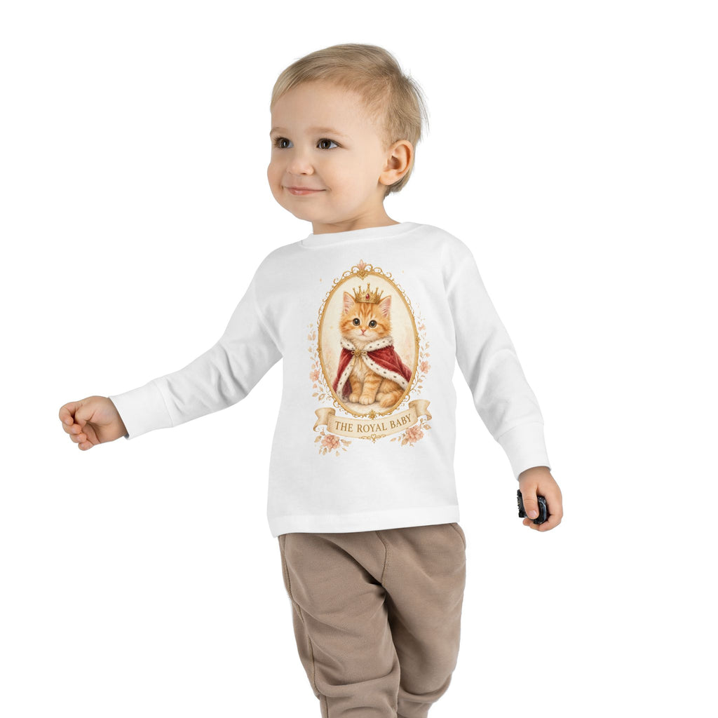 Royal Kitten Portrait Toddler Long Sleeve Tee | Crowned Cat Illustration- Orange Sherbet Collection- Bestie Best Luxury