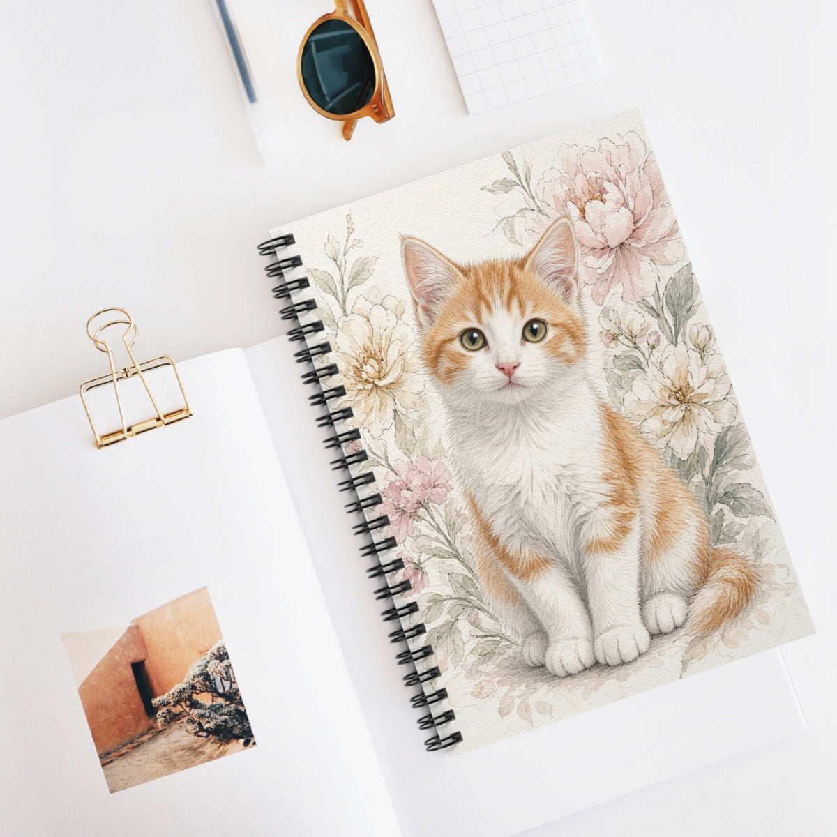 Orange  Kitten Floral Notebook | Spiral Ruled Journal- Vienna Bestie Best Collection