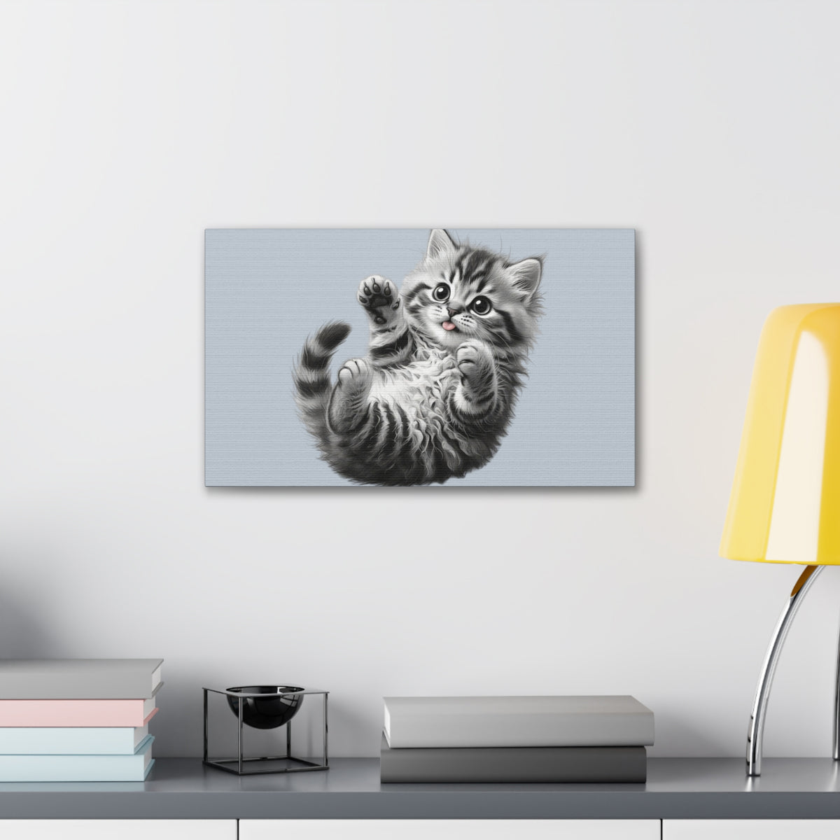 Playful Tabby Grey Fluffy Kitten Illustration Canvas Stretched | Cute Cat Wall Art- Sage Collection- Bestie Best Collection