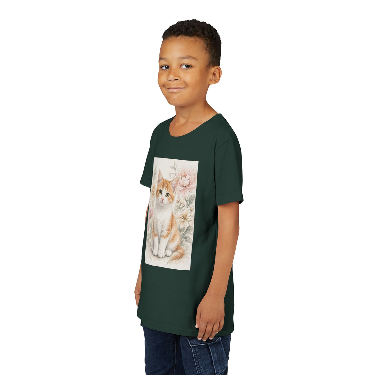 Adorable Orange Tabby Kitten Floral Illustration Youth Tee | Cute Cat Shirt- Vienna Collection