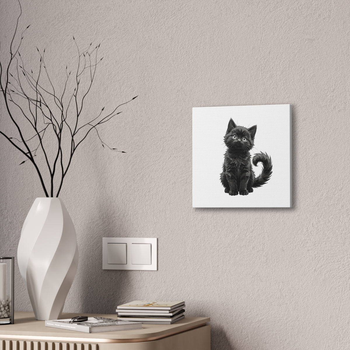Adorable Fluffy Black Kitten Illustration Canvas- Twixie Collection- Bestie Best Decor Collection