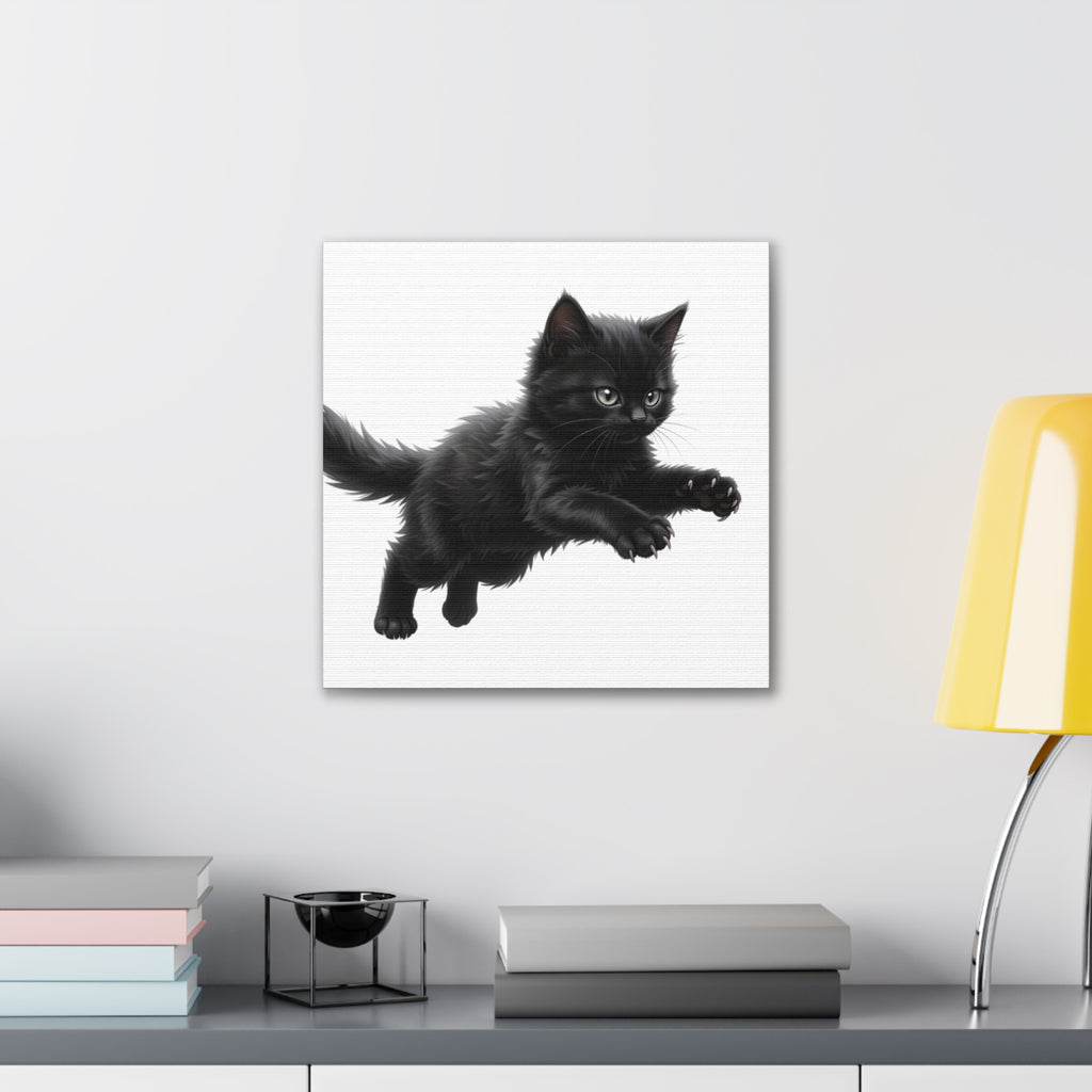 Leaping Fluffy Black Kitten Canvas- Twixie Collection- Bestie Best Decor Collection