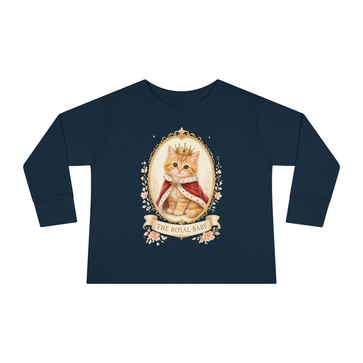 Royal Kitten Portrait Toddler Long Sleeve Tee | Crowned Cat Illustration- Orange Sherbet Collection- Bestie Best Luxury