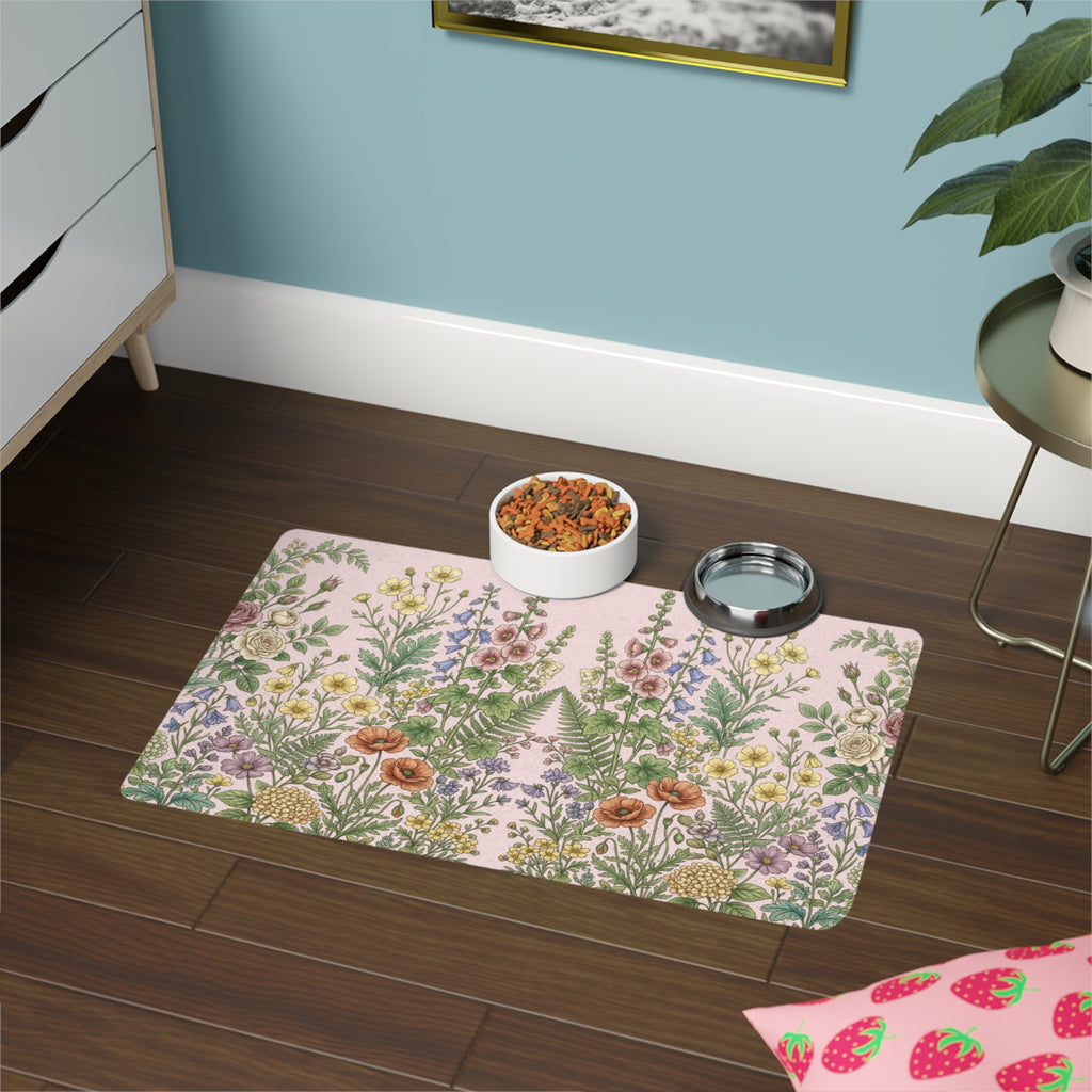 Vintage Wildflower Illustration Pet Food Mat- Poppy Pink Bestie Best Collection