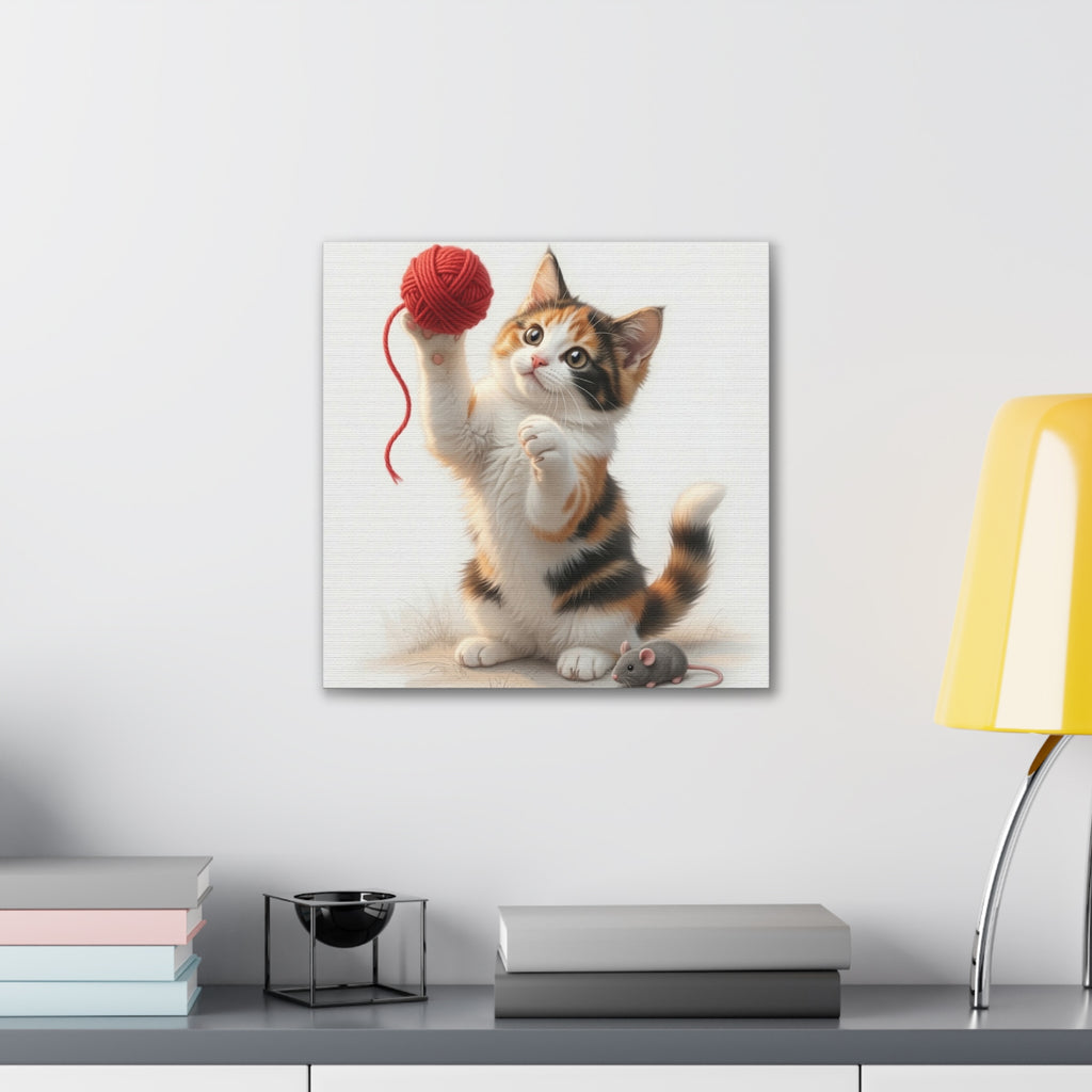Calico Kitten with Red Yarn Canvas- Nursery Decor- Baby & Kids Room- Kitten Gloria Collection