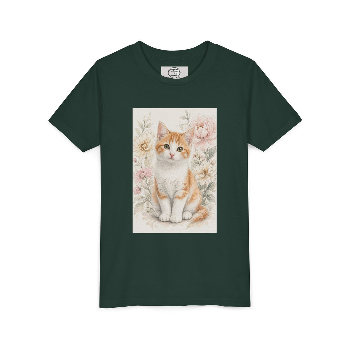 Adorable Orange Tabby Kitten Floral Illustration Youth Tee | Cute Cat Shirt- Vienna Collection