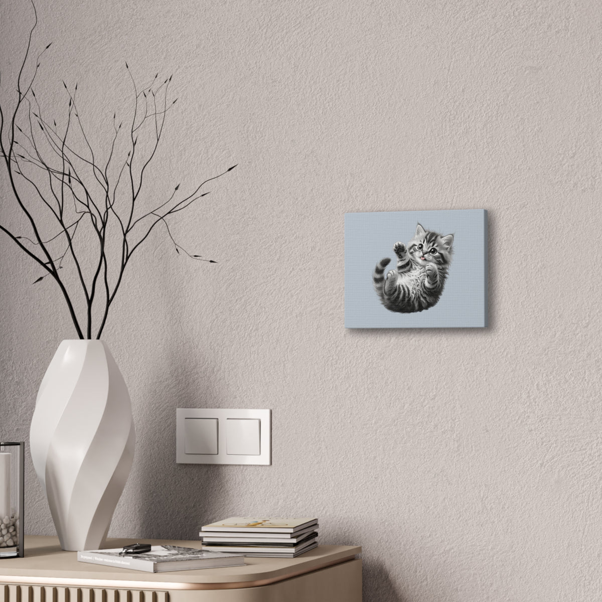 Playful Tabby Grey Fluffy Kitten Illustration Canvas Stretched | Cute Cat Wall Art- Sage Collection- Bestie Best Collection