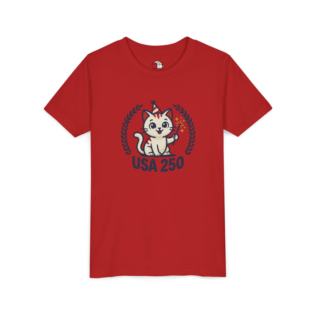 USA 250 Lucky Cat Youth Tee | Patriotic Kitten Illustration