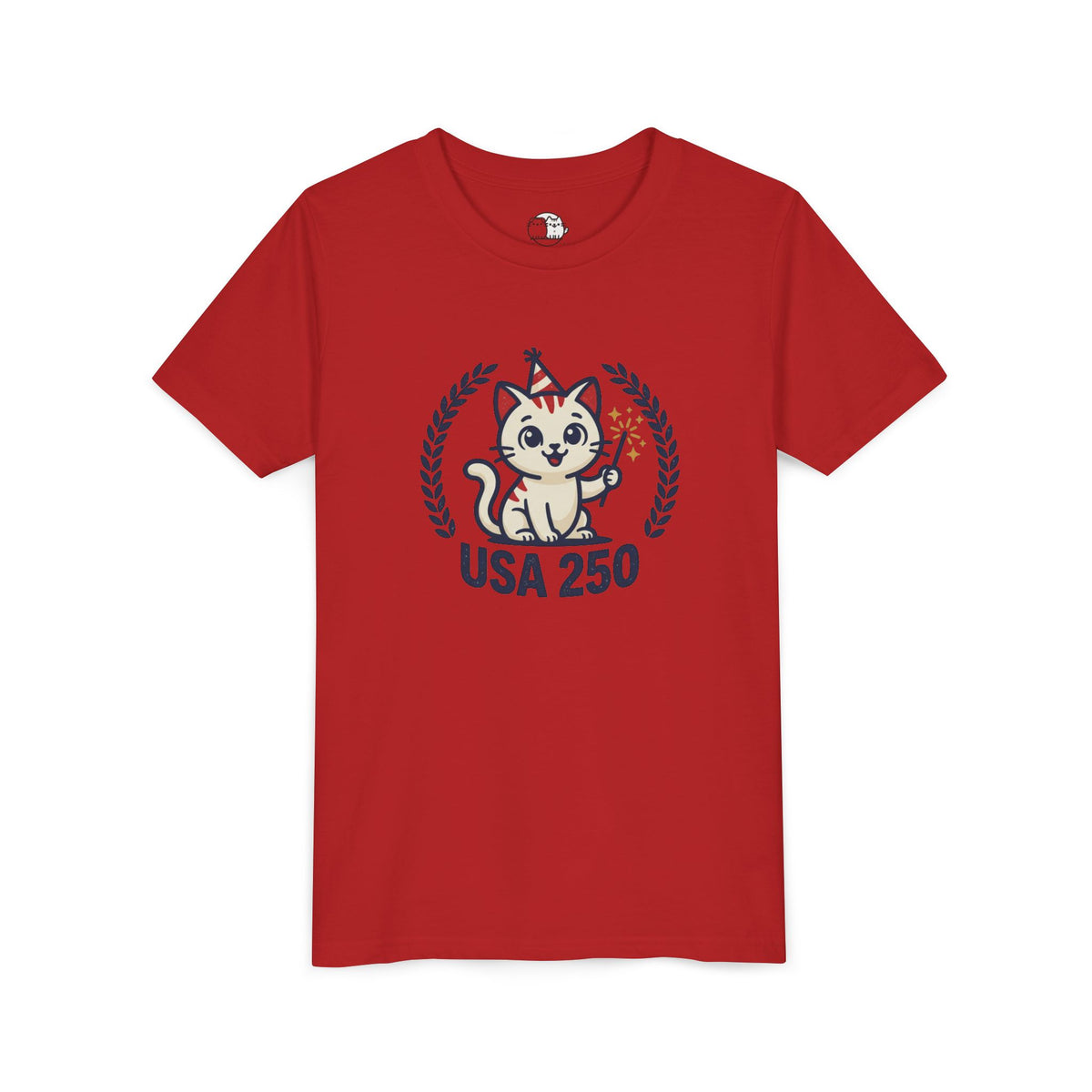 USA 250 Lucky Cat Youth Tee | Patriotic Kitten Illustration
