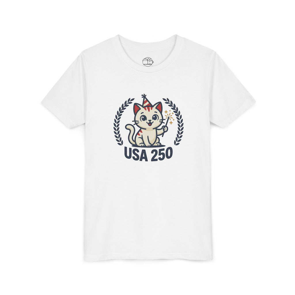 USA 250 Lucky Cat Youth Tee | Patriotic Kitten Illustration