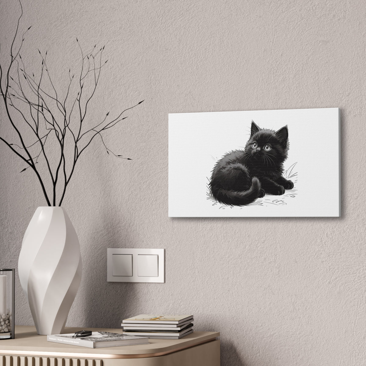 Black Kitten Illustration Canvas Stretched | Cute Cat Wall Art- Nursery & Kids room Decor, Twixie Collection- Bestie Best