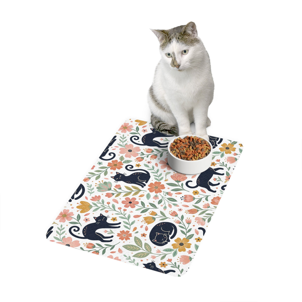 Black Cat Floral Pattern Pet Food Mat | 12x18 Cat Feeding Placemat- Bestie Best Collection