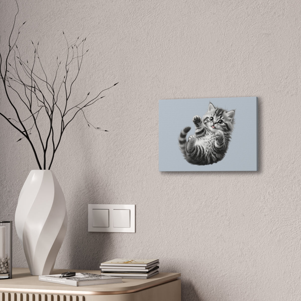 Playful Tabby Grey Fluffy Kitten Illustration Canvas Stretched | Cute Cat Wall Art- Sage Collection- Bestie Best Collection