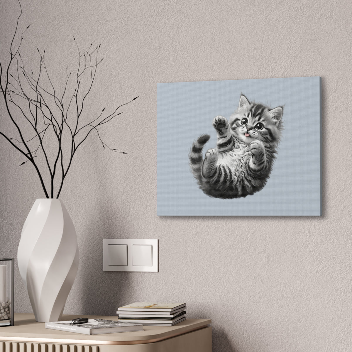 Playful Tabby Grey Fluffy Kitten Illustration Canvas Stretched | Cute Cat Wall Art- Sage Collection- Bestie Best Collection