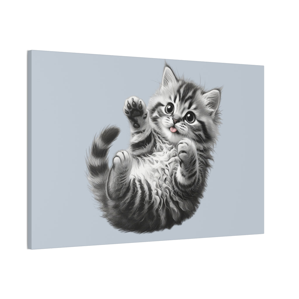 Playful Tabby Grey Fluffy Kitten Illustration Canvas Stretched | Cute Cat Wall Art- Sage Collection- Bestie Best Collection
