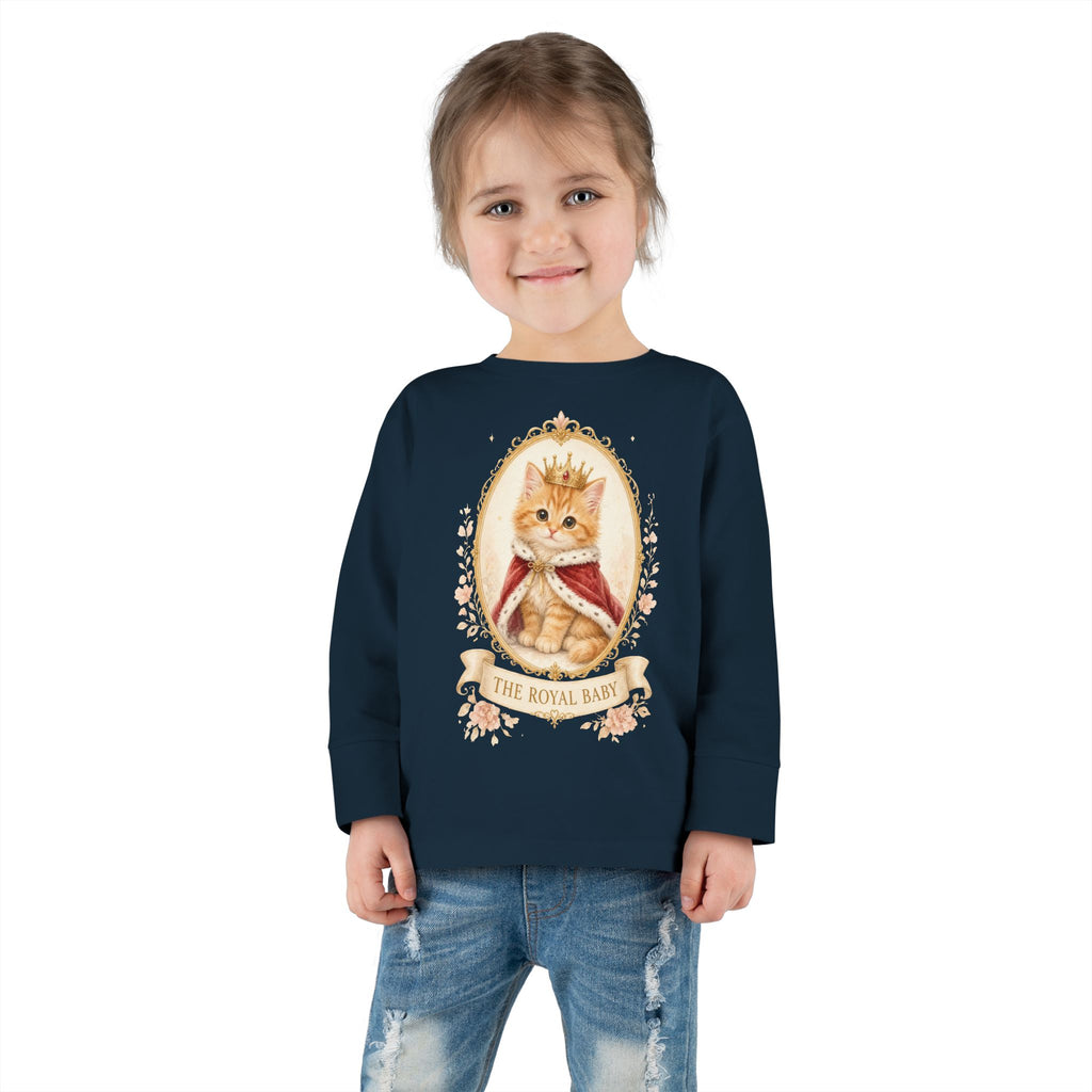 Royal Kitten Portrait Toddler Long Sleeve Tee | Crowned Cat Illustration- Orange Sherbet Collection- Bestie Best Luxury