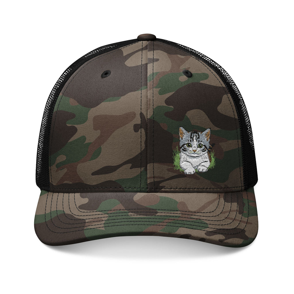 Embroidered Kitty  Face Camouflage Trucker Hat | Camo Mesh Cap Rosa Collection