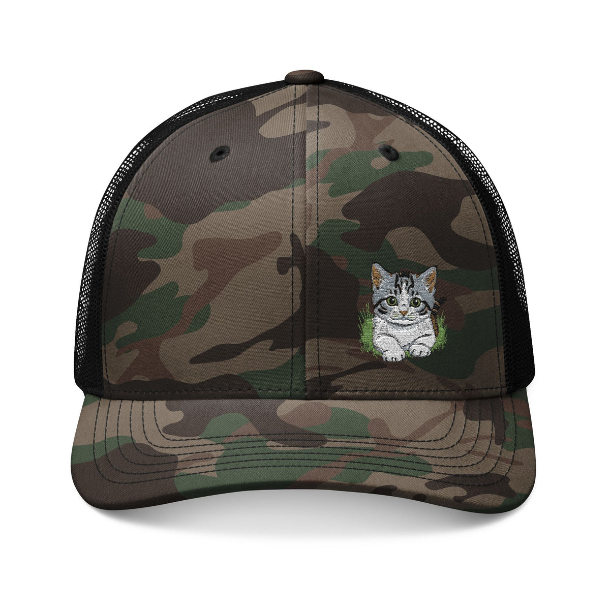 Embroidered Kitty  Face Camouflage Trucker Hat | Camo Mesh Cap Rosa Collection