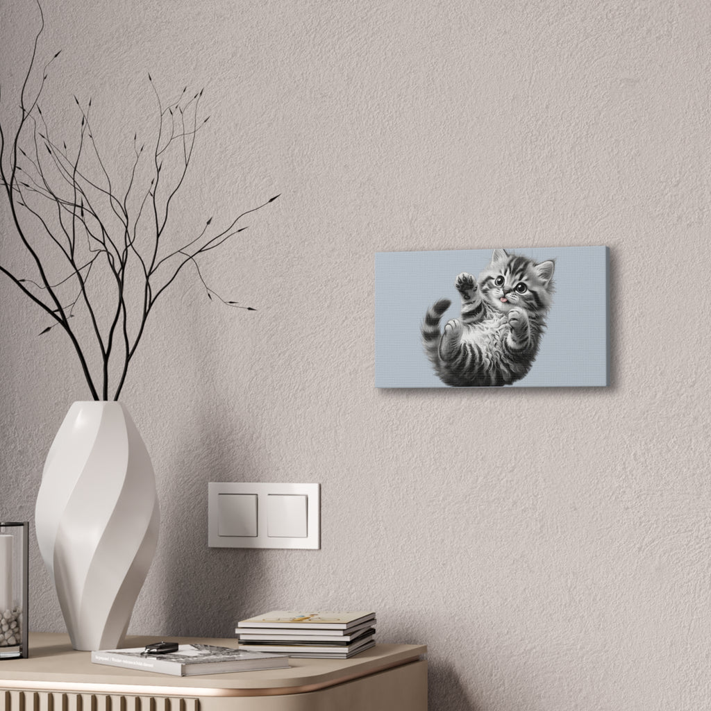 Playful Tabby Grey Fluffy Kitten Illustration Canvas Stretched | Cute Cat Wall Art- Sage Collection- Bestie Best Collection