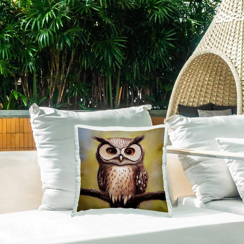 Detailed Owl Perched Nature Brown Square Outdoor Throw Pillow
