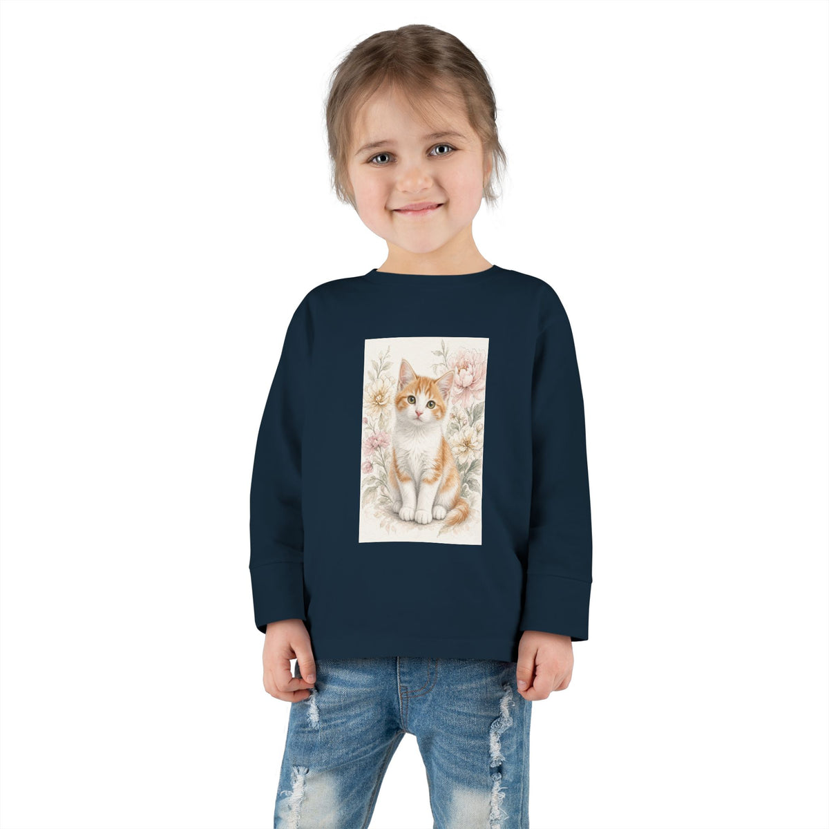 Orange Kitten Floral Illustration Toddler Long Sleeve Tee | Cute Cat Shirt- Vienna Collection