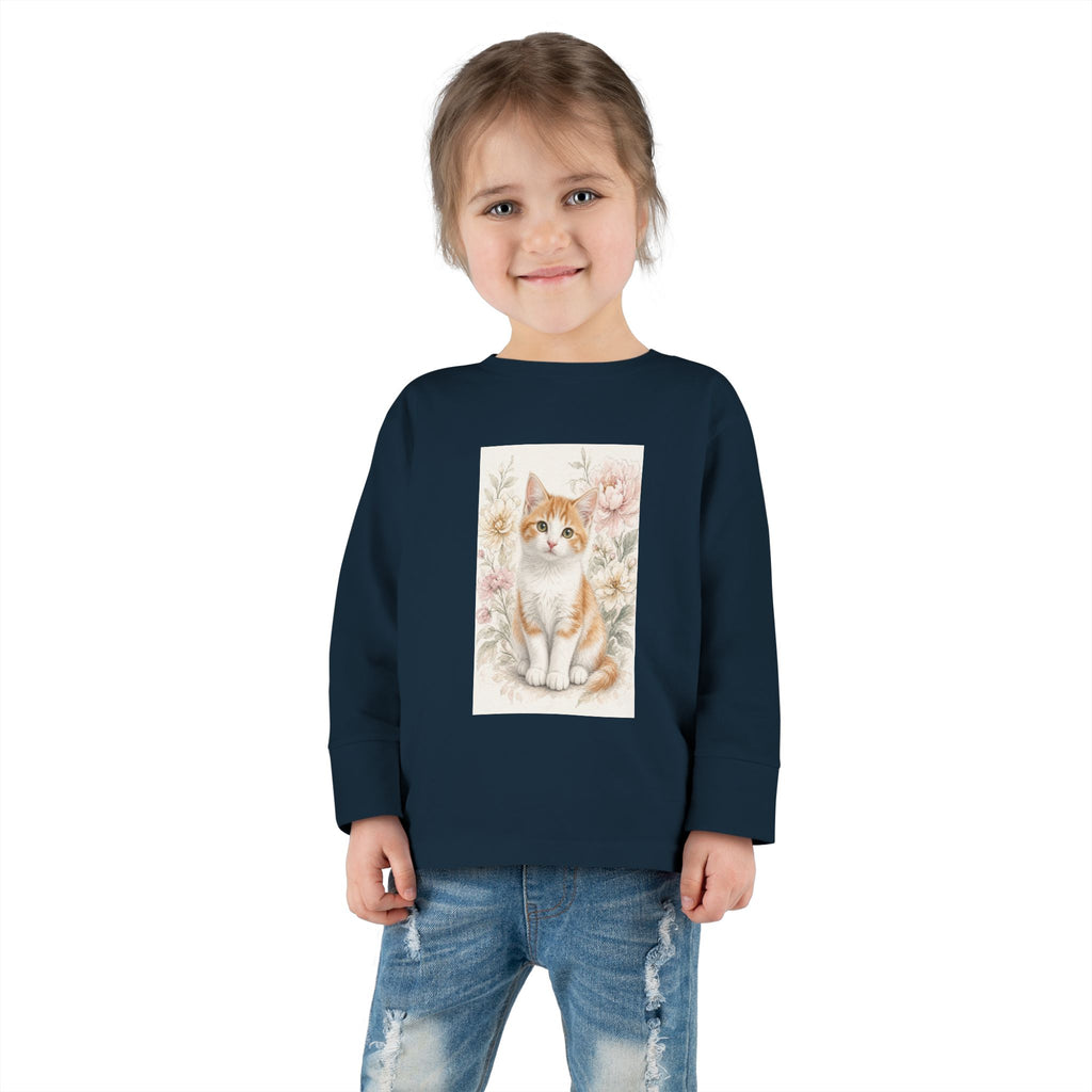 Orange Kitten Floral Illustration Toddler Long Sleeve Tee | Cute Cat Shirt- Vienna Collection