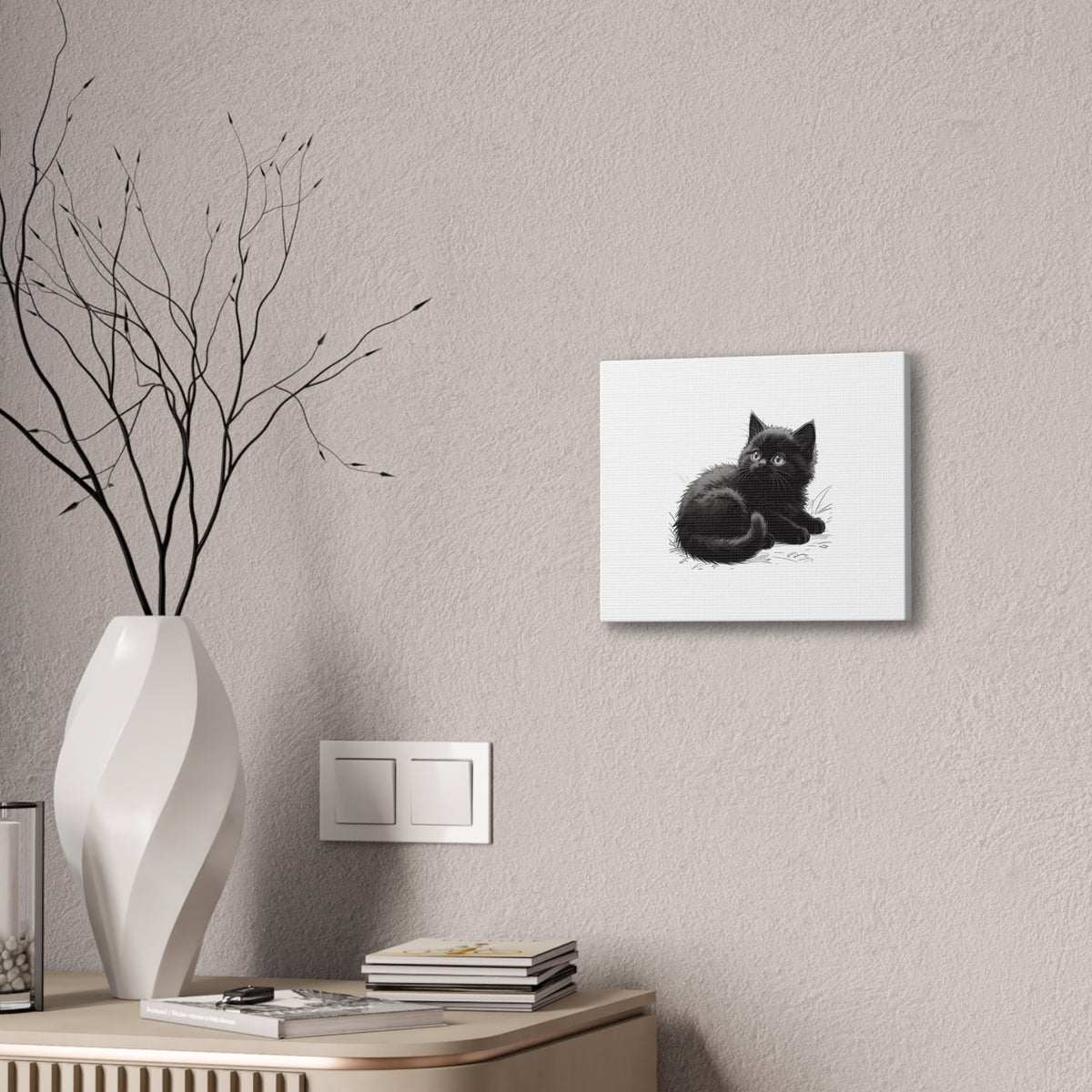 Black Kitten Illustration Canvas Stretched | Cute Cat Wall Art- Nursery & Kids room Decor, Twixie Collection- Bestie Best