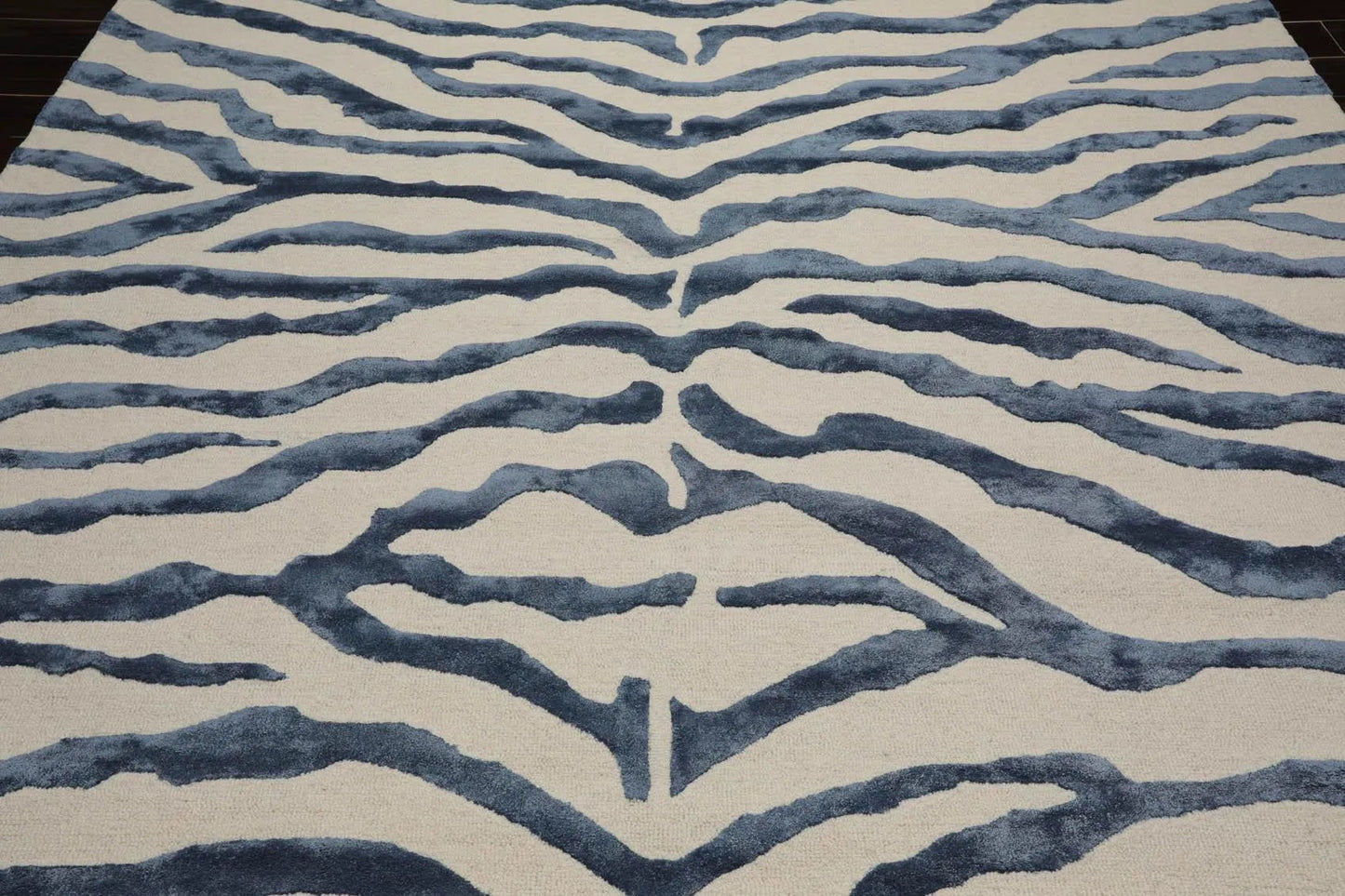 Multi Sizes Handmade Wool & Faux Silk Animal Print Zebra Area Rug Ivory Blue