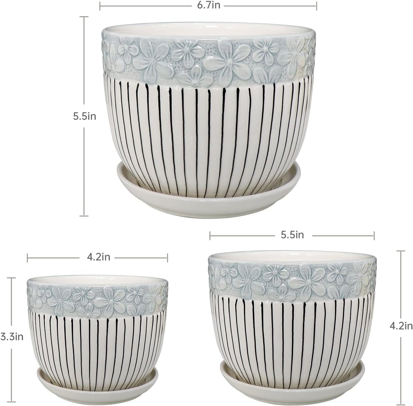 Grey Flower Pots, Texture Planter for Indoor Plants Set of 3 Ceramic Flower Pots with Saucer, Cute Garden Pots Succulent Pots, 6.75/5.6/4.2 Inch, Indoor Outdoor Home Garden Decor