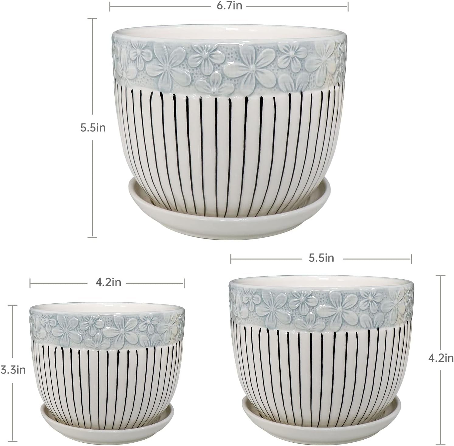 Grey Flower Pots, Texture Planter for Indoor Plants Set of 3 Ceramic Flower Pots with Saucer, Cute Garden Pots Succulent Pots, 6.75/5.6/4.2 Inch, Indoor Outdoor Home Garden Decor