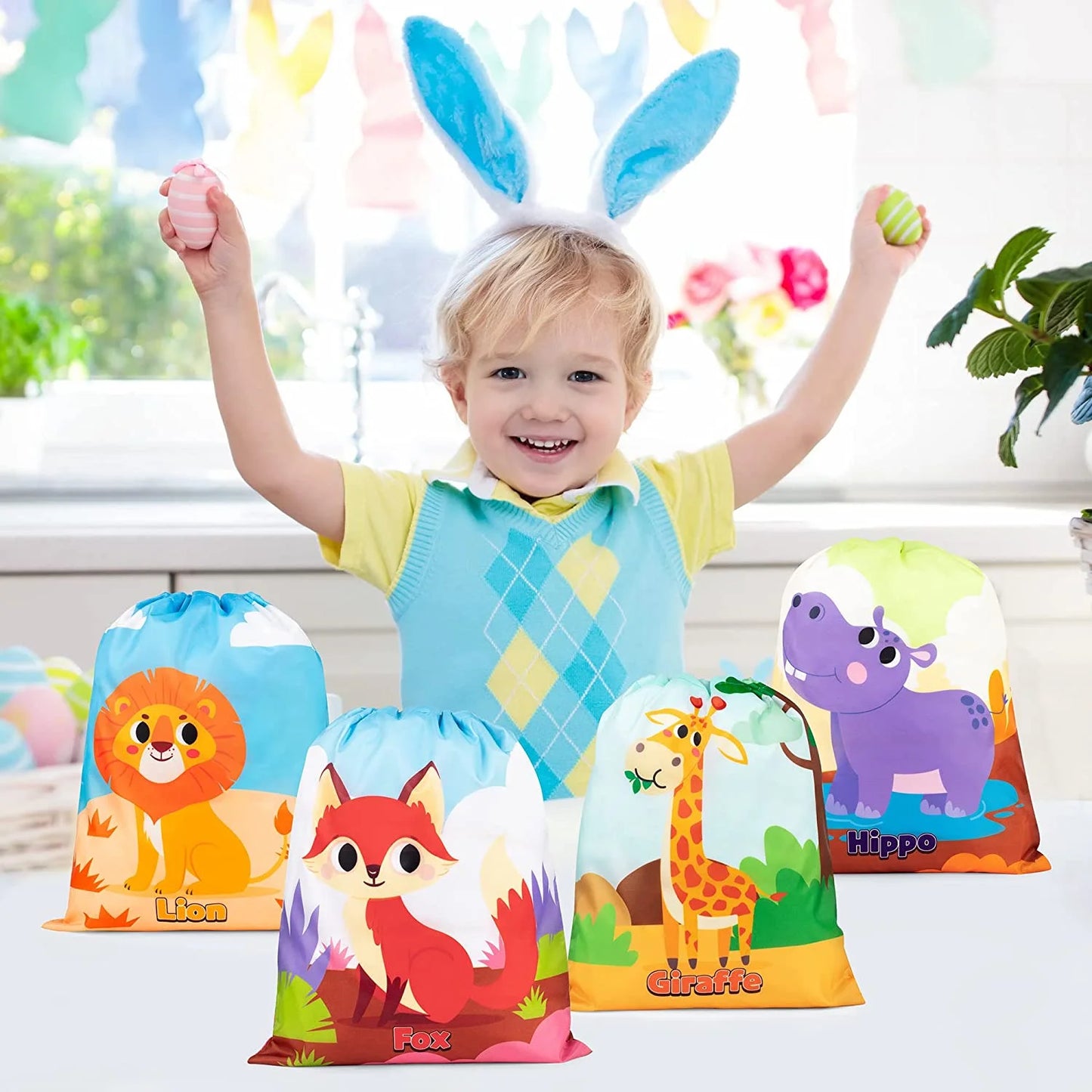 12 Pack Animal Party Favor Drawstring Bags for Kids Birthday Supplies, Animal Backpack String Bags for Boys Girls, Jungle Gift Goodie Treat Bag for Party Baby Shower School Travel Storage Bag