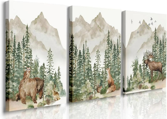 Woodland Nursery Prints,Woodland Animals Wall Art Framed Canvas Mountain Print,Boy Woodland Nursery Print,Boy Wall Art, Jungle Theme Nursery Decor Watercolor Woodland Nursery Wall Decor 12"X16"