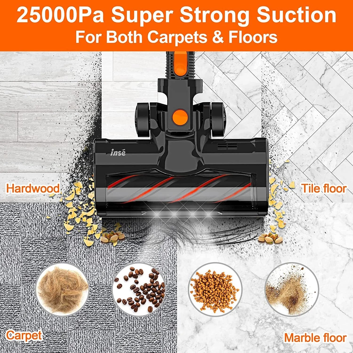 Cordless Vacuum Cleaner,25Kpa Powerful Stick Vacuum,6-In-1 Rechargeable Vacuum with 2500Mah Battery up to 45Mins Runtime,300W Brushless Motor Cordless Vacuum for Pet Hair Hard Floor Carpet