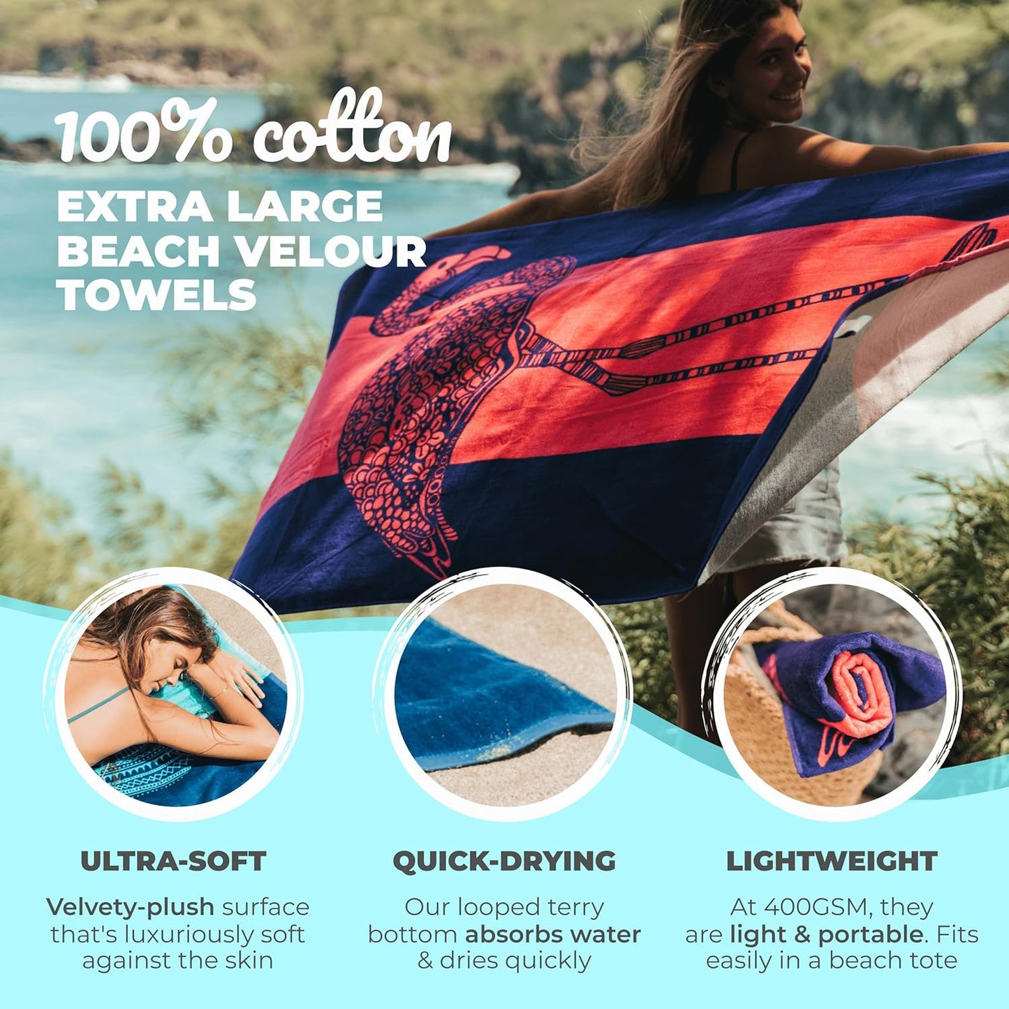 Flamingo Beach Towel – Pink and Purple with a Cute Design, Extra Large, XL (34”X 63”) Absorbent & Portable, Lightweight, Pink Beach Towel, Made from 100% Cotton