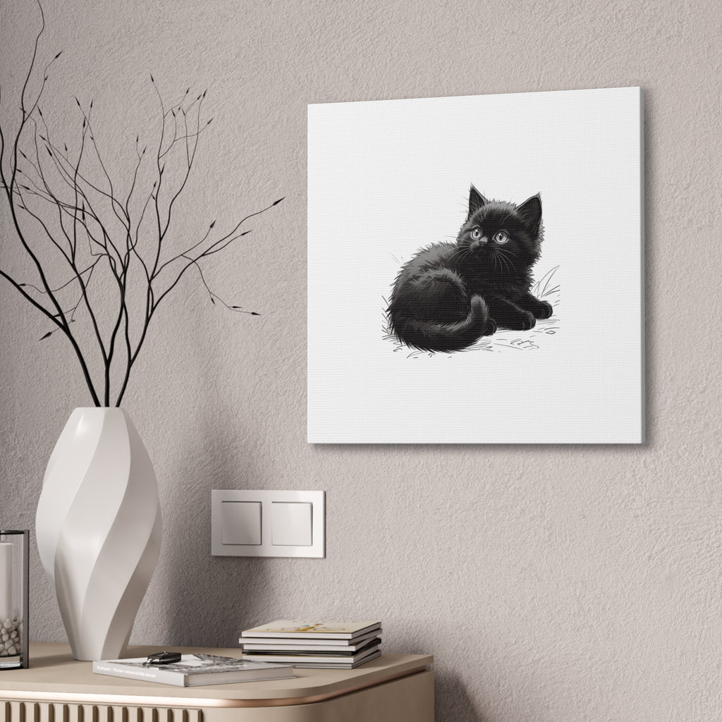 Black Kitten Illustration Canvas Stretched | Cute Cat Wall Art- Nursery & Kids room Decor, Twixie Collection- Bestie Best
