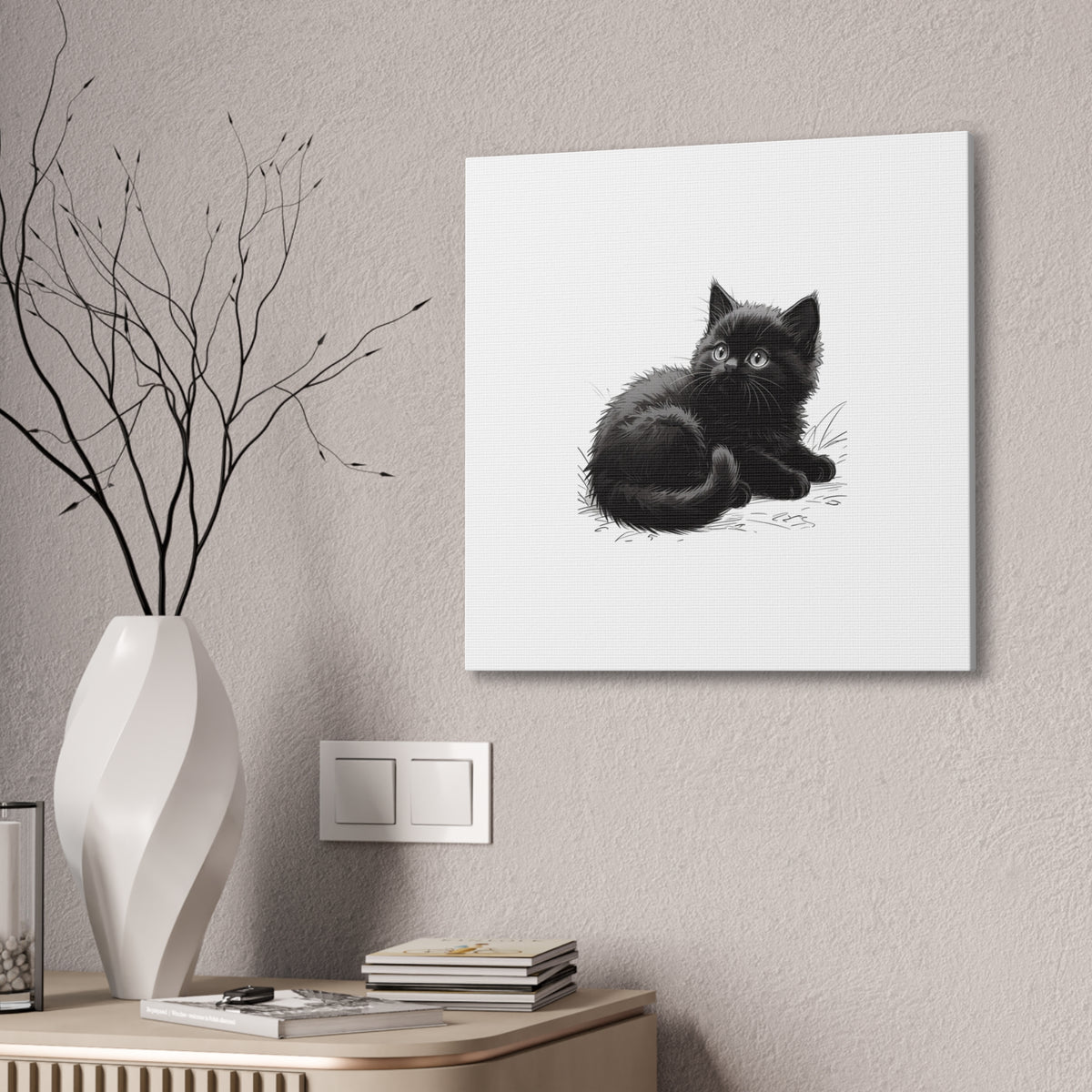Black Kitten Illustration Canvas Stretched | Cute Cat Wall Art- Nursery & Kids room Decor, Twixie Collection- Bestie Best